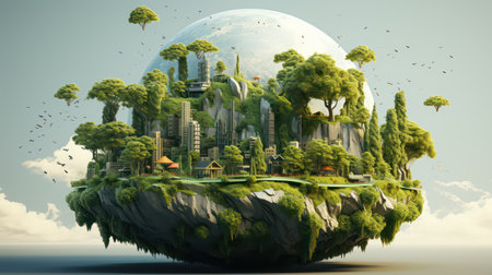 A fantasy planet with a beautiful green city.の素材