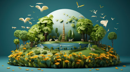 A fantasy green planet with trees and birds.の素材