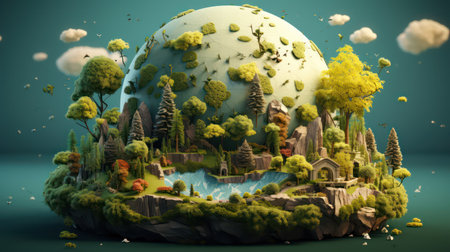 A fantasy planet with green trees and houses.の素材