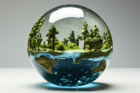A glass globe with forest and lake inside.の素材
