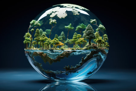 Glass globe with forest on black background.の素材
