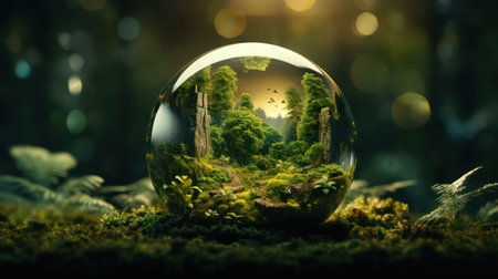 Glass ball with green forest inside. Nature conservation conceptの素材