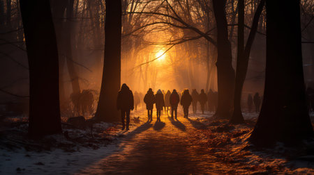 Silhouette of group of people walking in winter forest at sunsetの素材