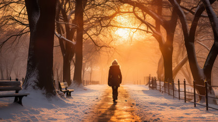 Beautiful winter landscape with a woman walking in the park at sunsetの素材