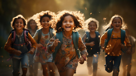 Group of happy schoolchildren running in the forest with backpacks.の素材
