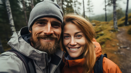 Portrait of a happy couple in a hike in the forest.の素材