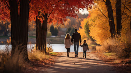 Happy family walking in autumn park. Mother, father and son spending time together.の素材