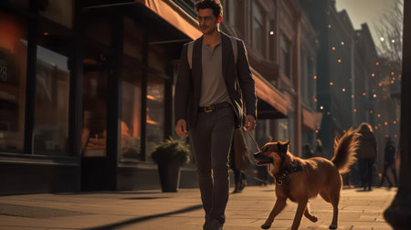 Handsome young man walking with his dog in the city.の素材