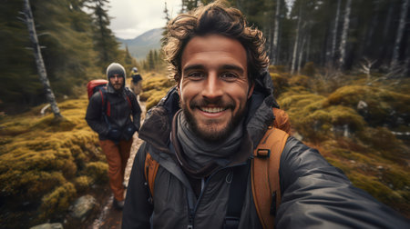 Hikers taking a selfie in the forest. Man and woman hikingの素材