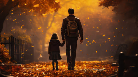 Back view of father and daughter walking in autumn park with fallen leavesの素材