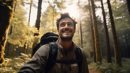 Portrait of a smiling young man taking a selfie in a forestの素材