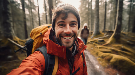 Portrait of a young man with a backpack hiking in the forest.の素材