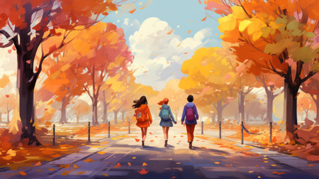 Two girls walking in autumn park. Colorful foliage.の素材