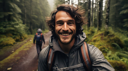 Handsome young man hiking in a forest. Hiking concept.の素材