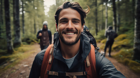 Portrait of a smiling young man with a backpack on a forest trail.の素材