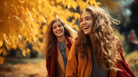 Two beautiful young women walking in the autumn park and having fun.の素材