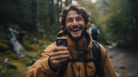 Cheerful young man with backpack hiking in the forest and using smartphone.の素材