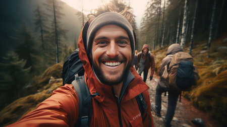 Hiker taking selfie with friends on a hiking trail in the forestの素材