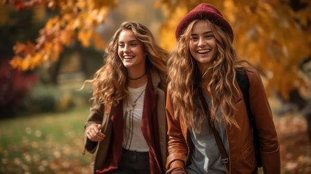 Two young women walking in the autumn park. They are smiling and having fun.の素材