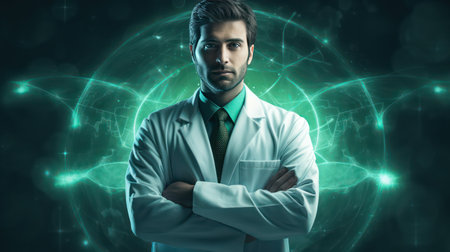 Handsome doctor on dark background with glowing globe and network conceptの素材