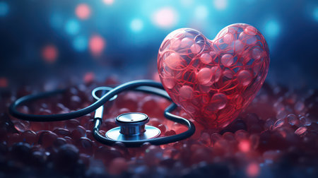 Red heart and stethoscope on bokeh background.の素材