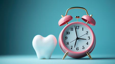 Alarm clock and tooth on blue background.の素材
