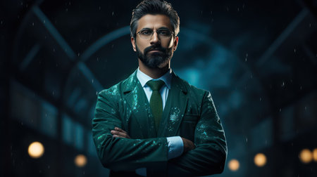 Portrait of a handsome bearded man in a green suit and glasses standing in the rain.の素材