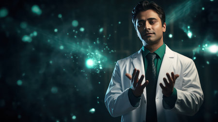 Portrait of young handsome Indian doctor in white coat and black tieの素材