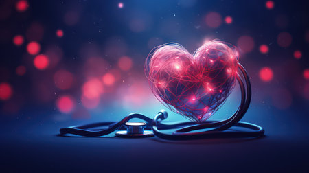 Stethoscope and heart on a dark background.の素材