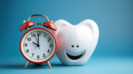 Tooth with alarm clock on blue background.の素材