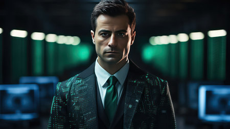 Portrait of a handsome young man in a business suit and tie standing in a modern server room.の素材