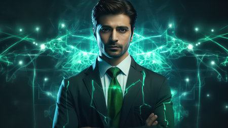 Portrait of a handsome young man in a business suit on a futuristic background.の素材