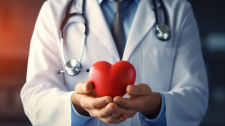 Close up of female doctor holding red heart in hands. Cardiology conceptの素材