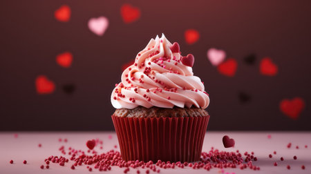 Valentine cupcake with hearts on pink backgroundの素材