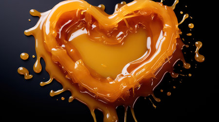 Caramel heart on a black background with drops of melted caramel.の素材