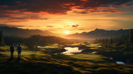 Fantasy landscape with man and woman at sunsetの素材