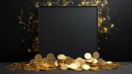 Blackboard with gold coins on dark background.の素材