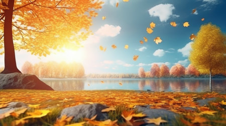 Autumn landscape with lake and yellow leaves.の素材