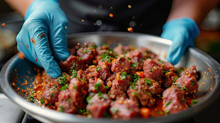 cooking meatballs in a pan, close-up of handsの素材