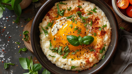 Millet porridge with fried egg and herbs in bowl on dark backgroundの素材