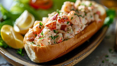 Homemade lobster roll with french fries and fresh herbs on wooden boardの素材