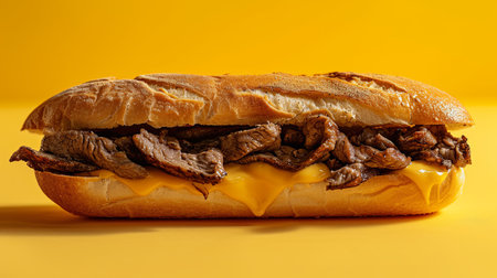 Sandwich with beef and cheese on yellow background. Close up.の素材