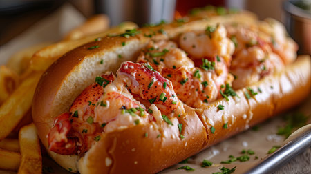 hot dog with lobster and french fries on a wooden table in a restaurantの素材