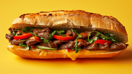 Sandwich with beef, cheese and vegetables on a yellow background.の素材