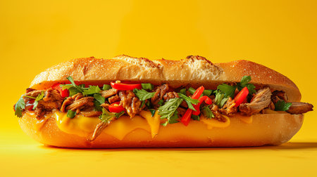 Sandwich with beef and vegetables on a yellow background. Copy space.の素材