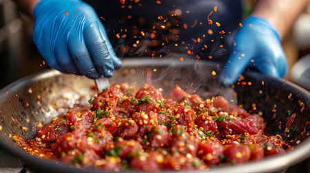 Chef preparing meatballs in a frying pan, close-upの素材