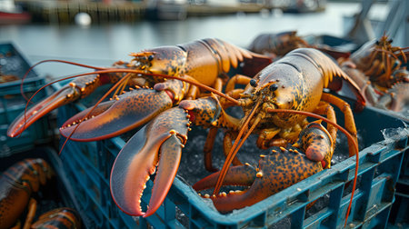 Lobster in a container on the seashore. Close-up.の素材