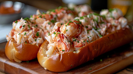close up of rustic lobster roll on wooden cutting board with sauceの素材