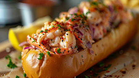 Close-up of delicious lobster sandwich on wooden table. Selective focusの素材