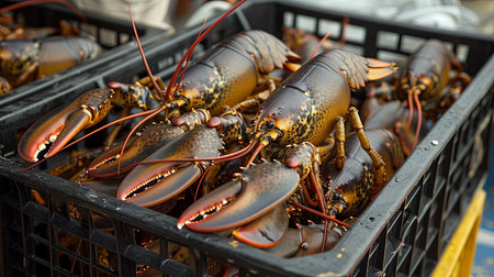 Live crayfish for sale at a seafood market in France.の素材